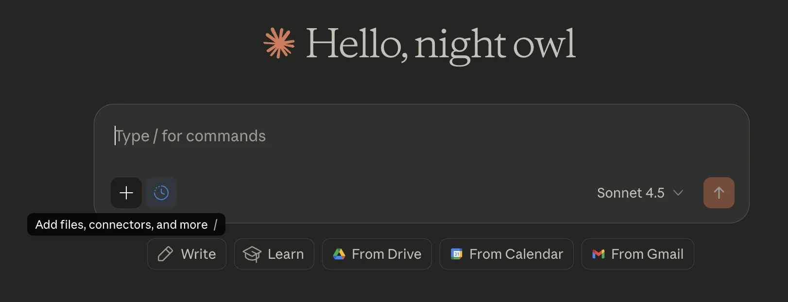 Claude home with plus button